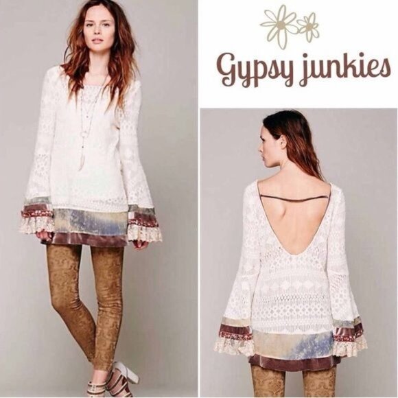 RARE Free People Black Lace Tie Dyed Velvet Sequin Bell Sleeve Tunic Mini Dress - Picture 14 of 16